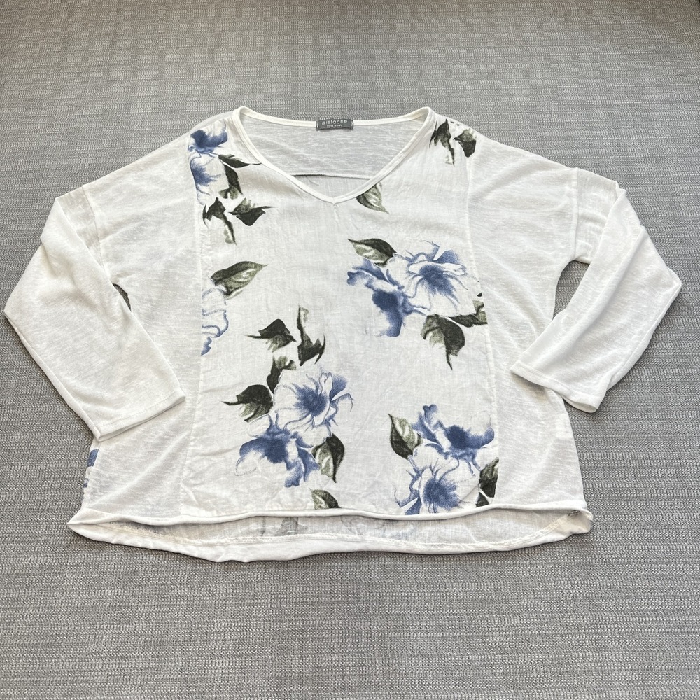 Italian Linen Floral Blouse Pistache Small‎ White Blue Top Cottagecore Vacation